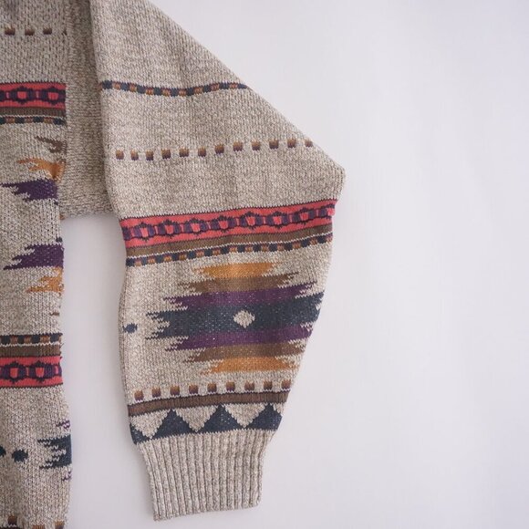 Vintage '90s London Fog Taupe Purple Aztec Cotton Crewneck Knit Sweater Large - Picture 7 of 10